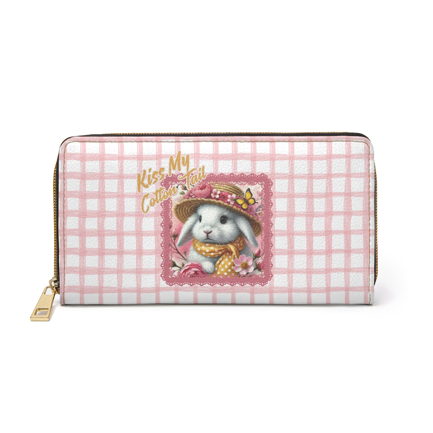 Playful Bunny Pink Checked Zippered Wallet with Fun Phrase