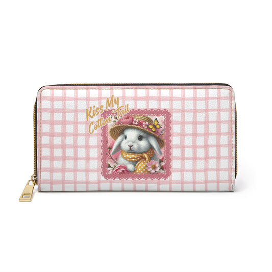 Playful Bunny Pink Checked Zippered Wallet with Fun Phrase