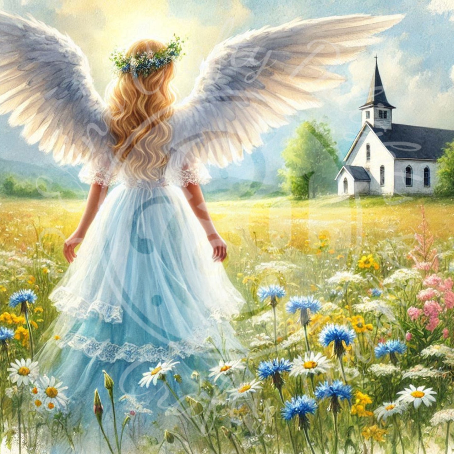 9 Sq Spring Angel & Church 8x8 Printable