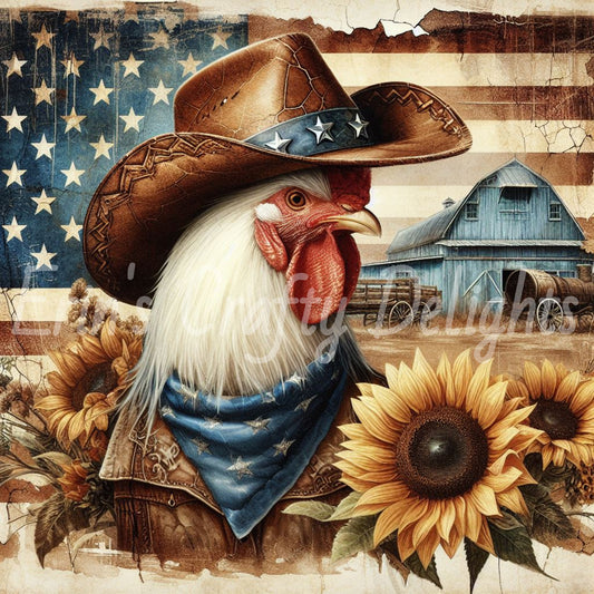 American Cowboy Rooster with Blue Barn 1