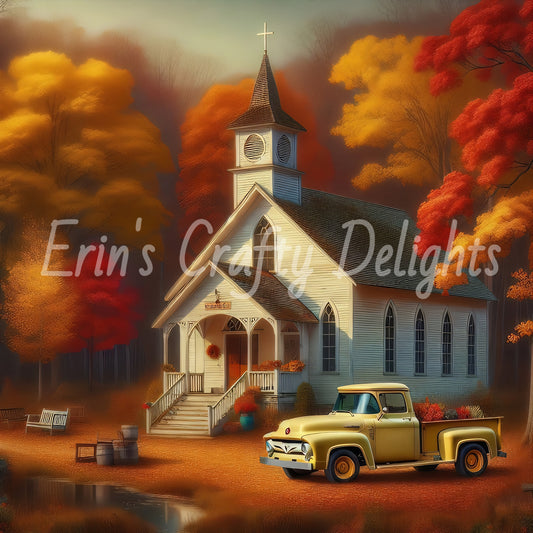 1 MS Autumn Yellow Truck and Church 8x10 Mix Size Printable Set