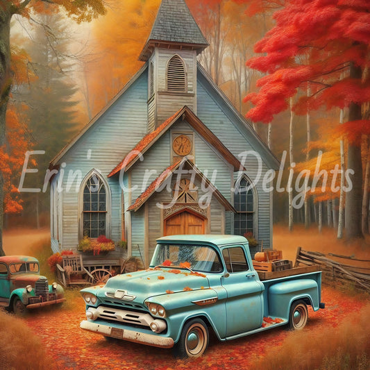 1 MS Autumn Blue Truck and Church Mix Size Printable Set