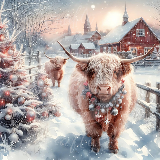 1 Christmas Highland Cow and Barn