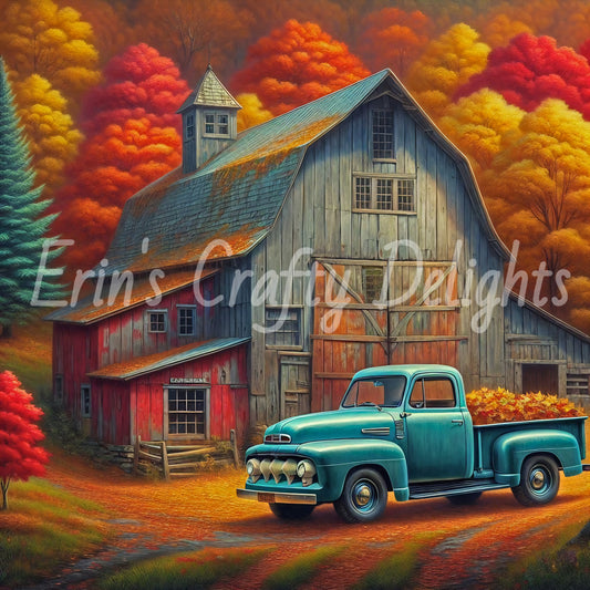 3 Autumn Blue Truck and Barn