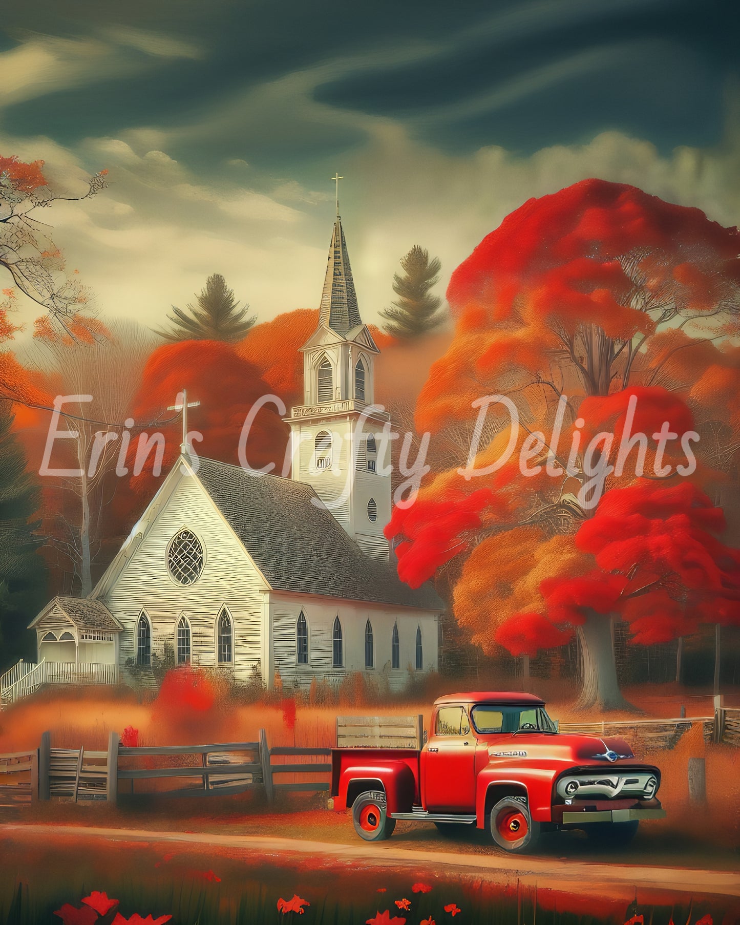 3 Autumn Red Truck and Church