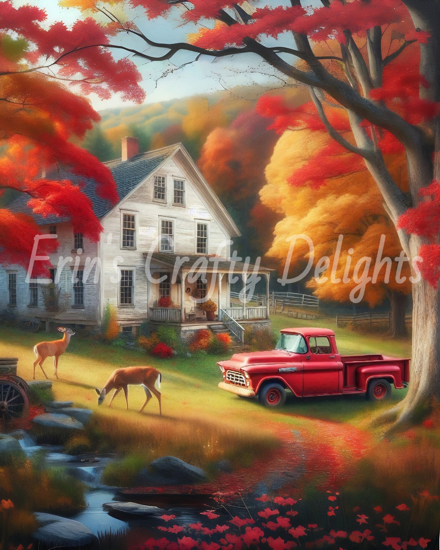 3 Autumn Red Truck and Farmhouse