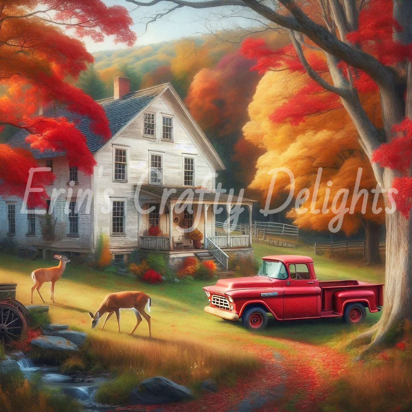 3 Autumn Red Truck and Farmhouse