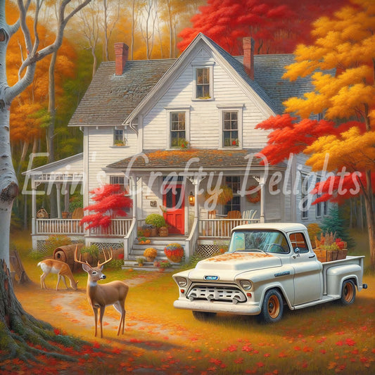 3 Autumn White Truck and Farmhouse