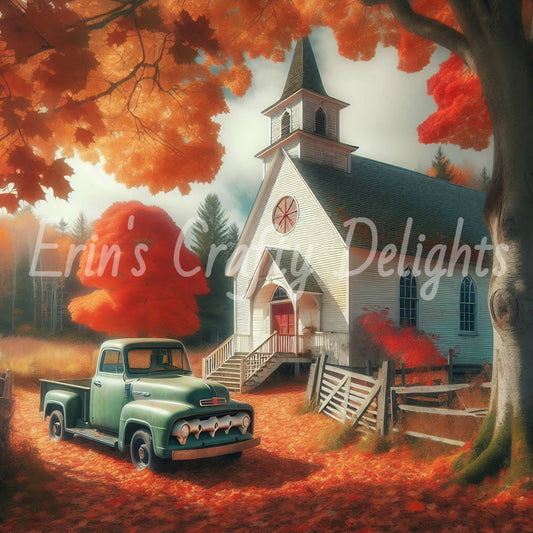 3 Autumn Green Truck and Church