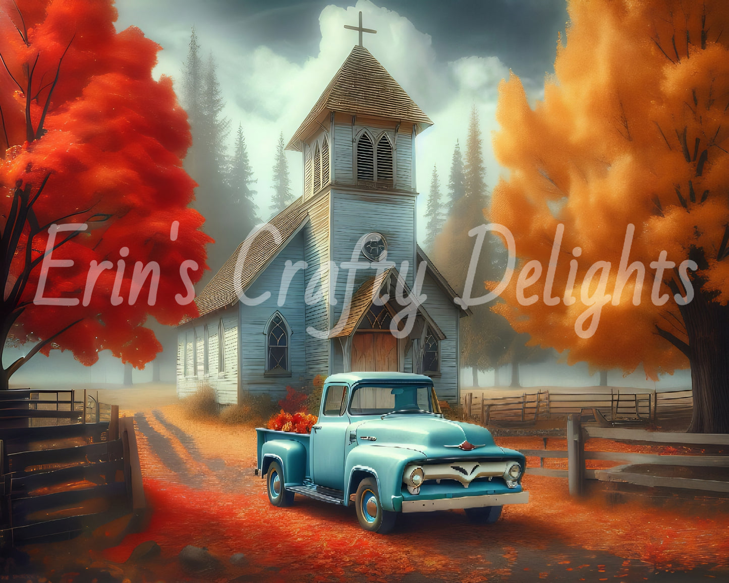 4 Autumn Blue Truck and Church