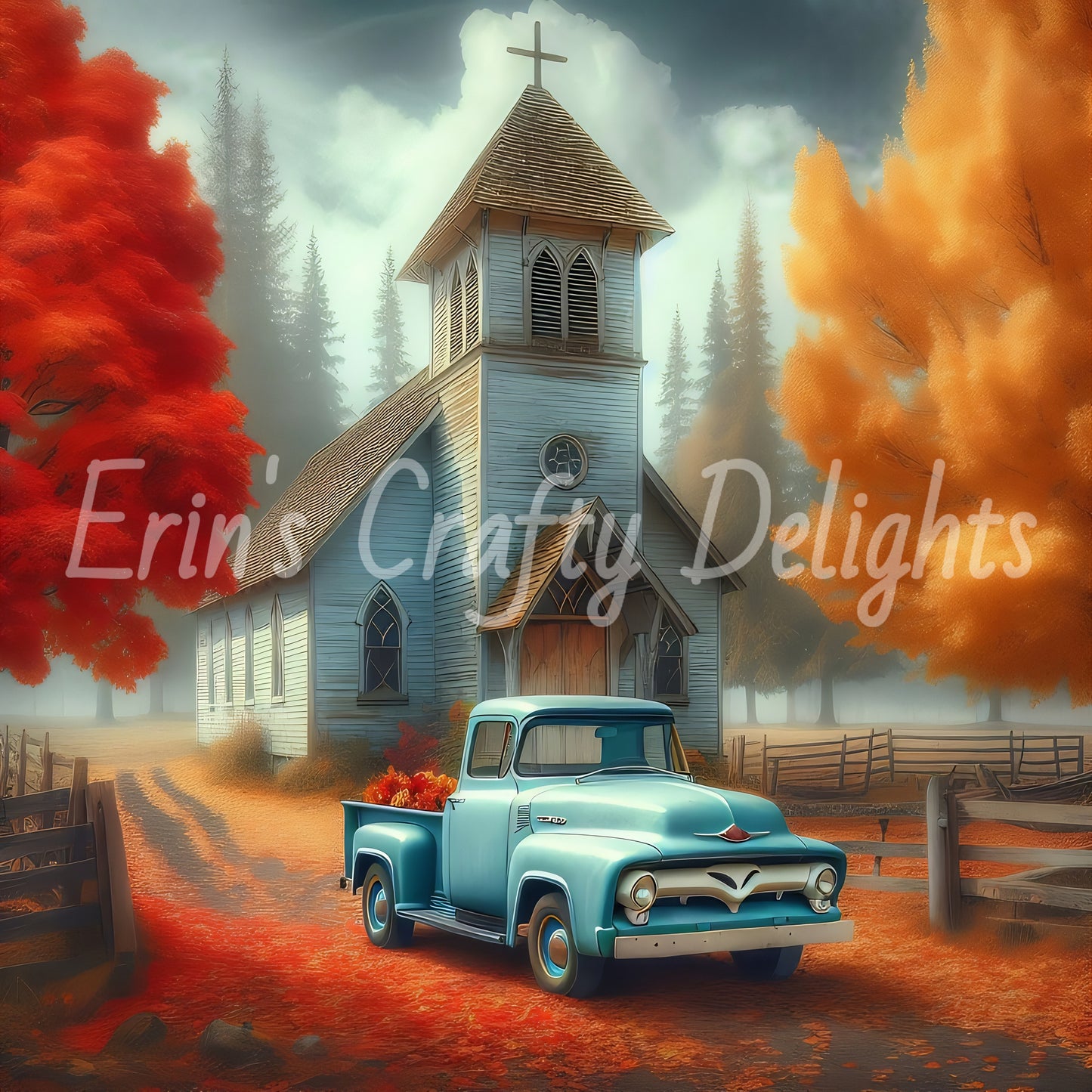 4 Autumn Blue Truck and Church