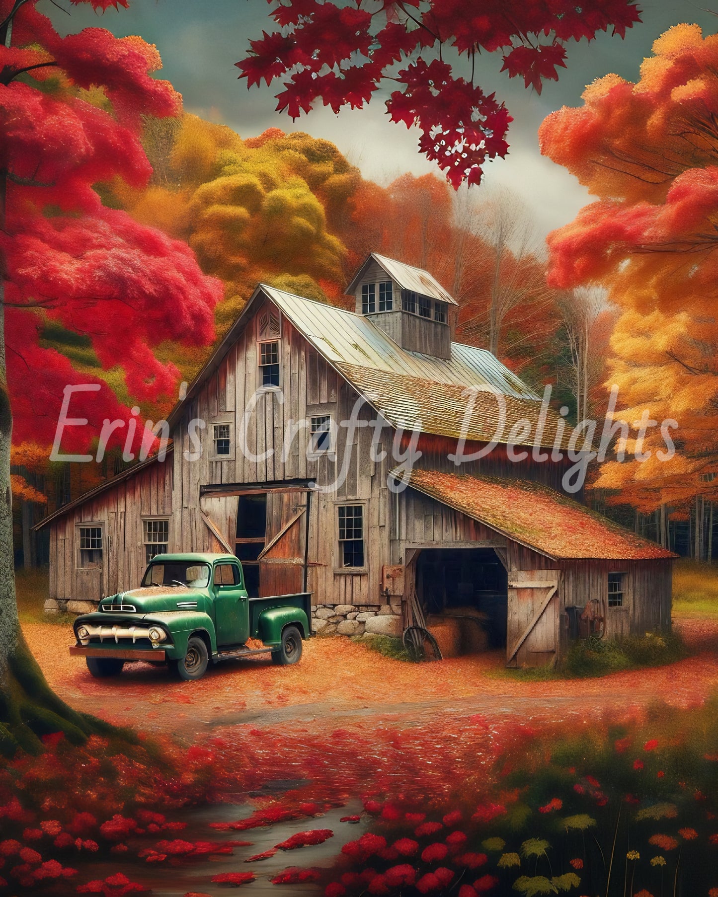 4 Autumn Green Truck and Barn
