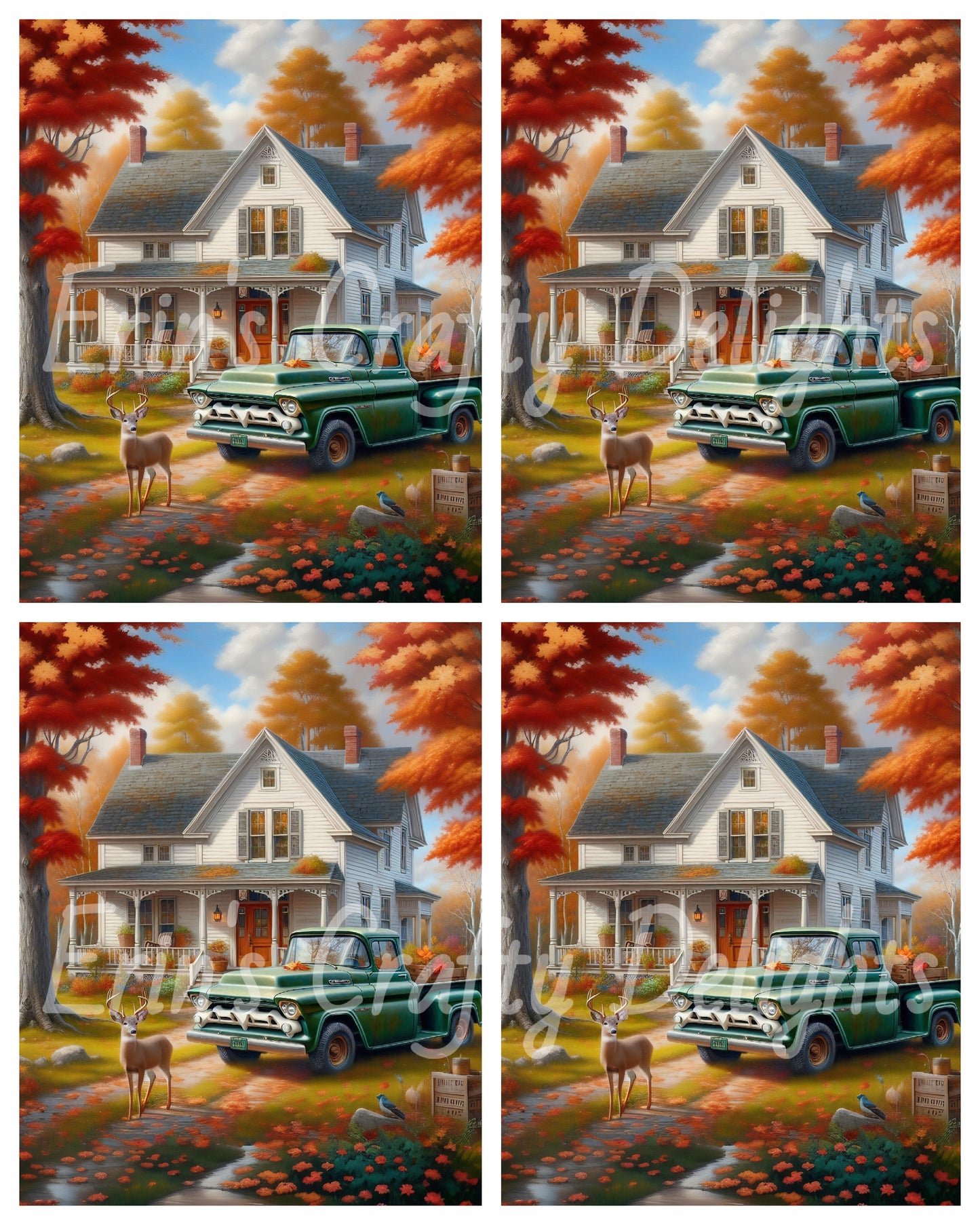 4 Autumn Green Truck and Farmhouse