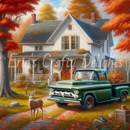 4 Autumn Green Truck and Farmhouse