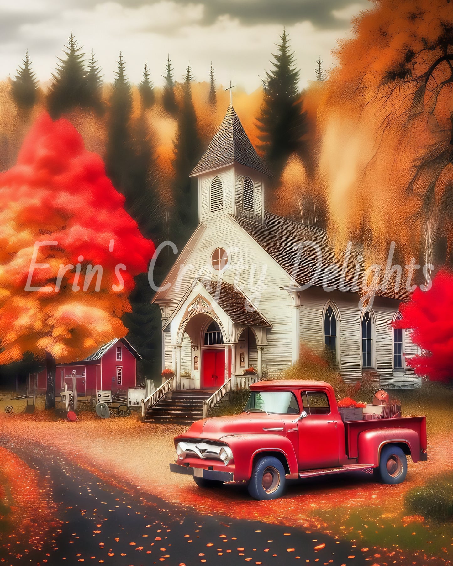 4 Autumn Red Truck and Church