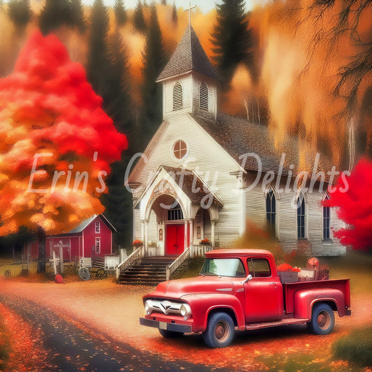 4 Autumn Red Truck and Church