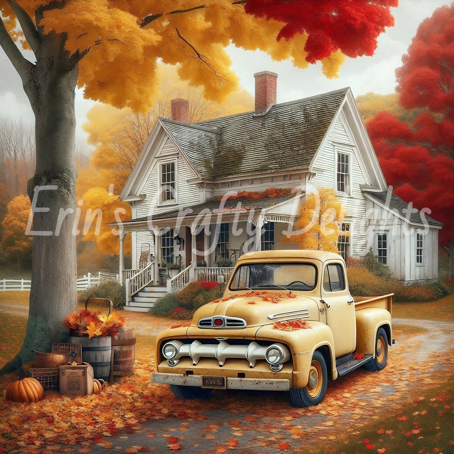 4 Autumn Yellow Truck and Farmhouse