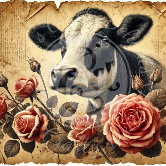 10 Sq Holstein & Roses 8x8" Printable