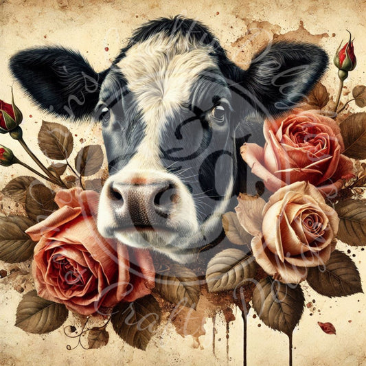 12 Sq Holstein & Roses 8x8" Printable