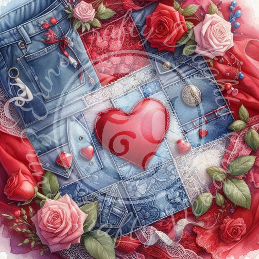 1 Love, Blue Denim & Red Satin Background