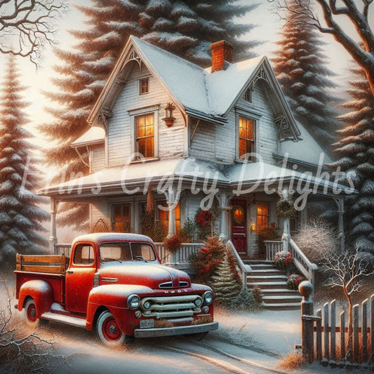 1 Red Truck and Farmhouse