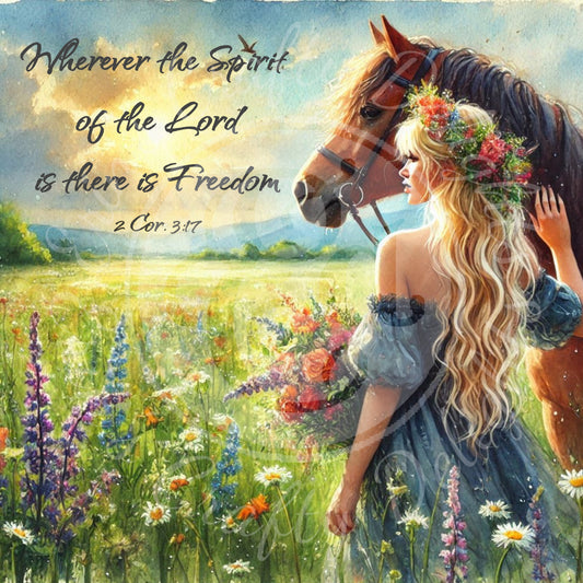 1 Sq Woman and Horse 2 Cor 3:17 8x8" Printable