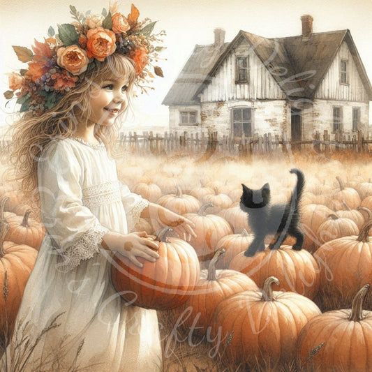 1 Sq Fall Girl in Pumpkin Patch 8x8" Printable