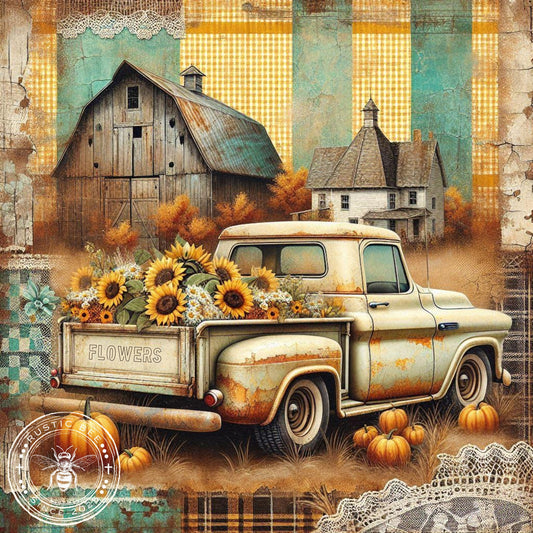 1 Sq Vintage Cream Pumpkin Truck 8x8" Downloadable Printable