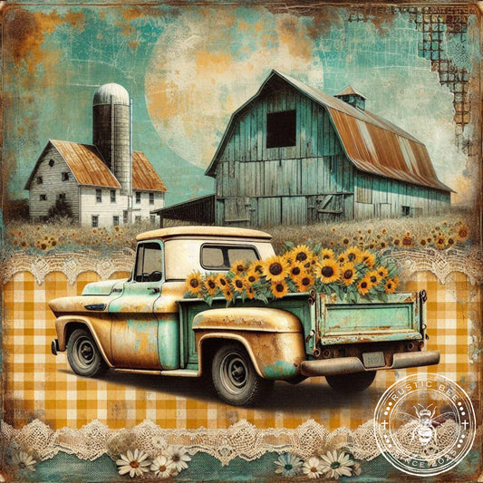 1 Sq Yellow Gingham Truck & Sunflowers 8x8" Downloadable Printable