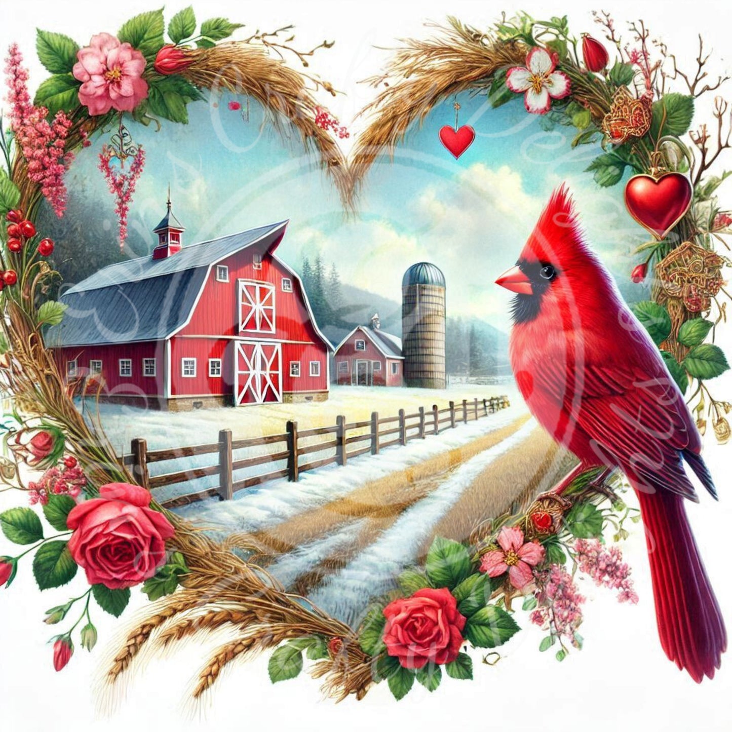 3 Valentine Cardinal and Barn