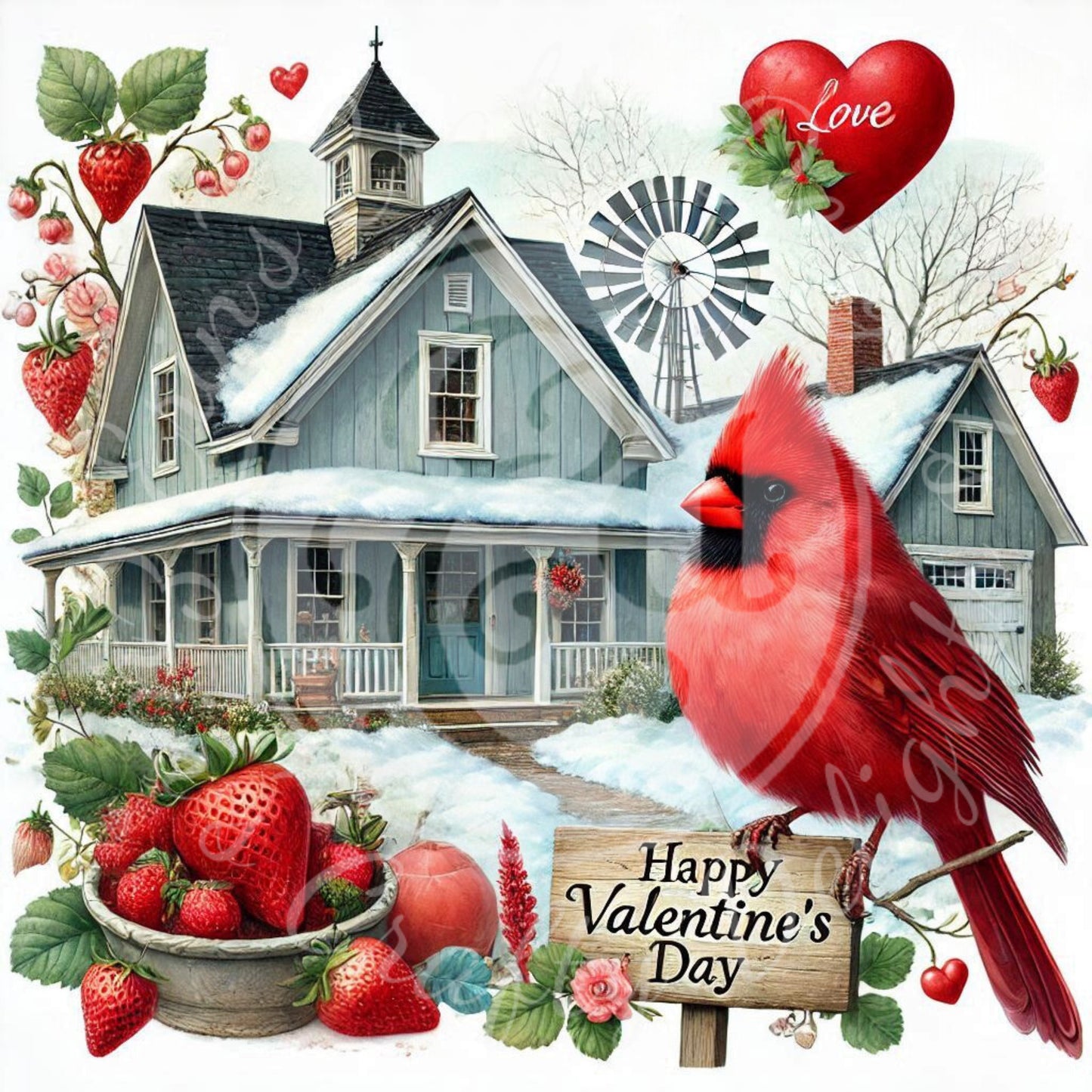 3 Valentine Cardinal and Farmhouse