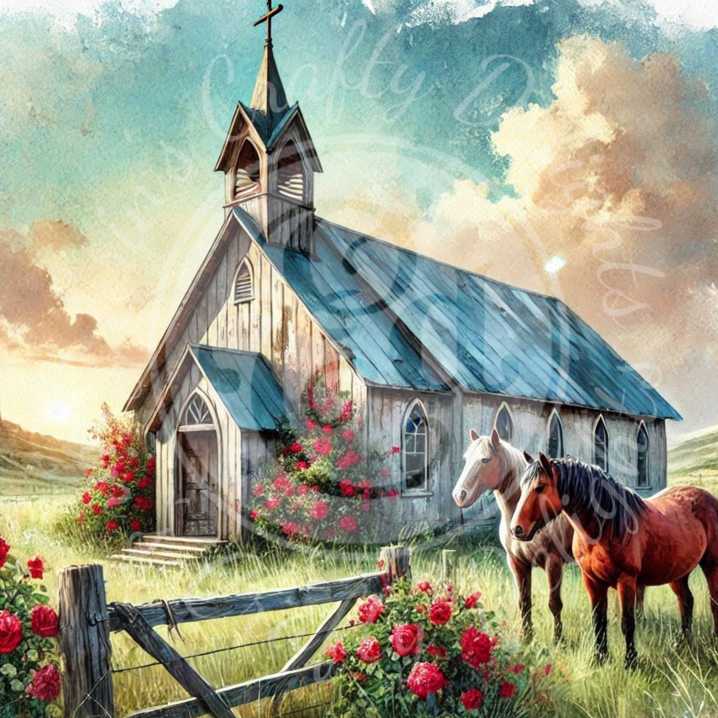 4 Spring Prairie Church and Mustangs