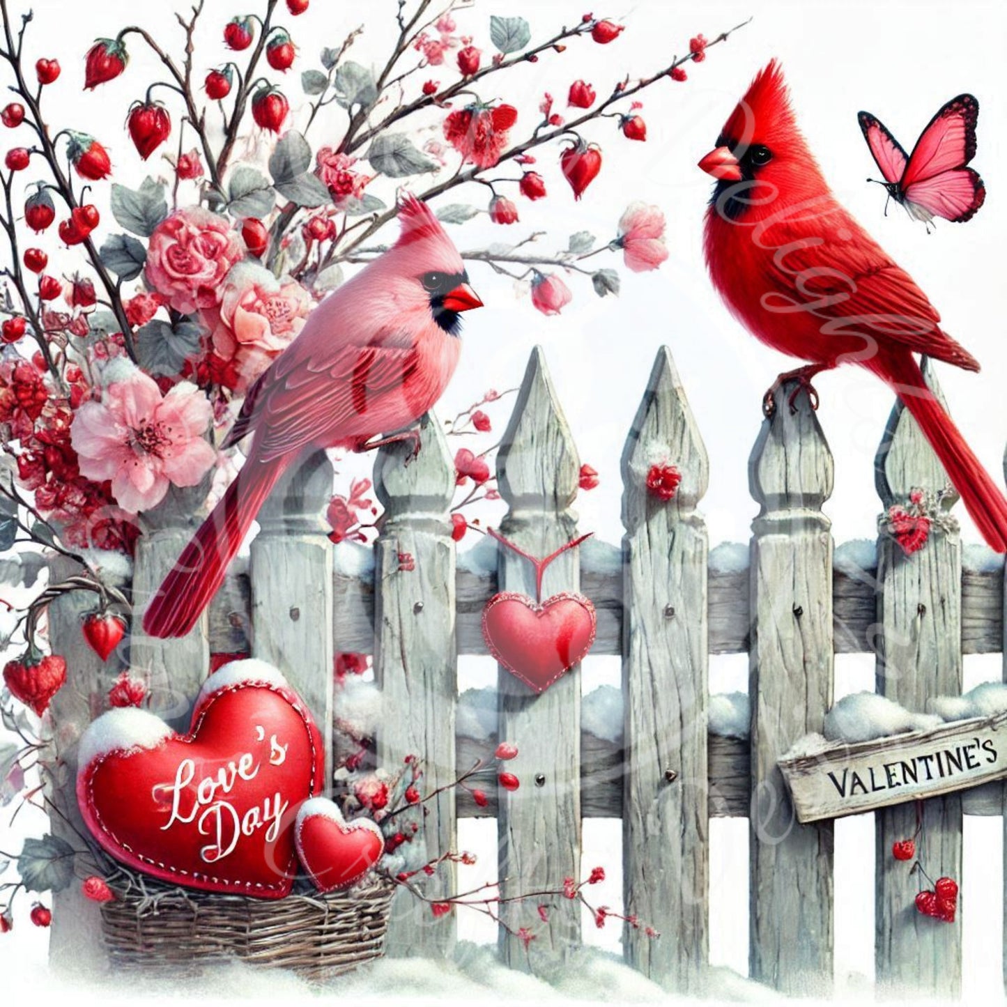4 Valentine Cardinals on a Fence