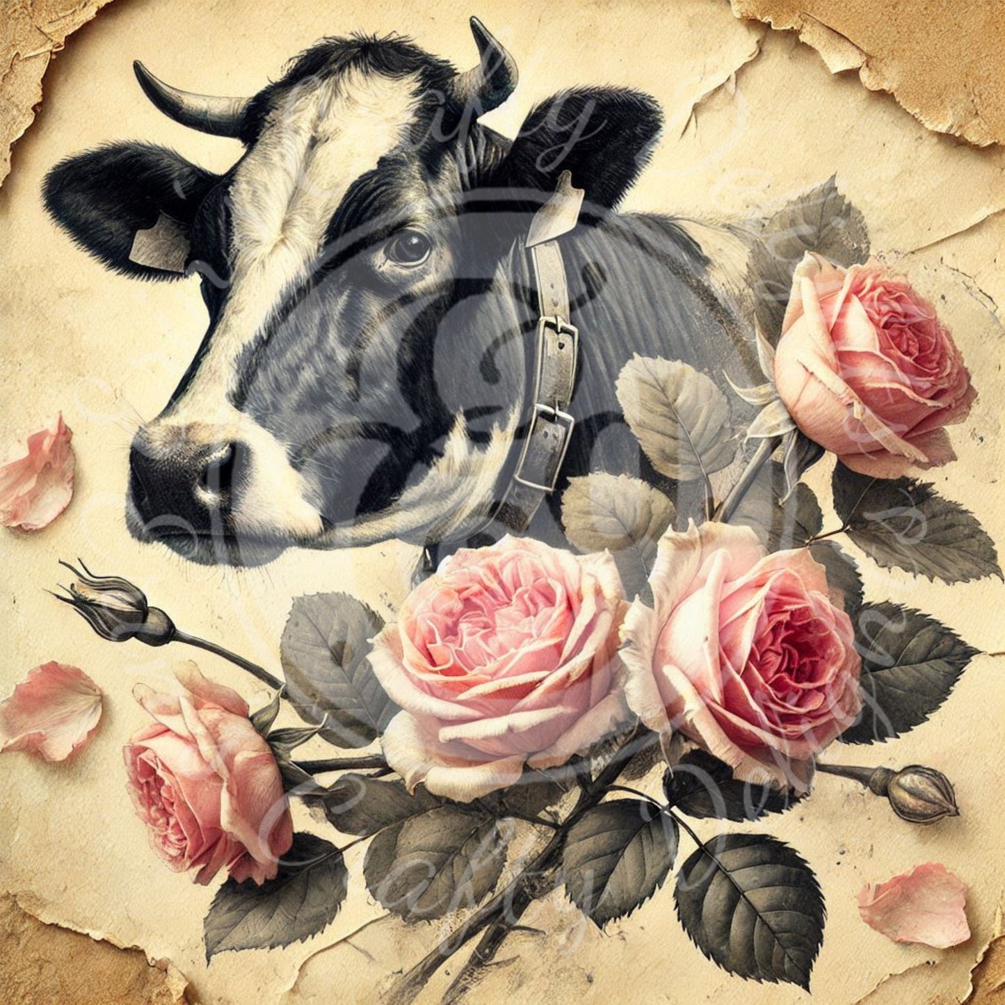 5 Sq Holstein & Roses 8x8" Printable