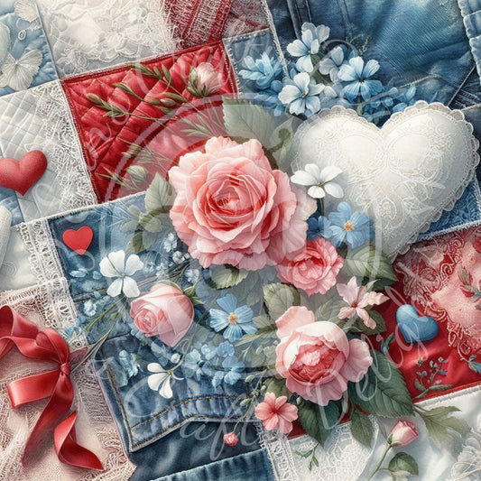 5 Love, Blue Denim & Red Satin Background