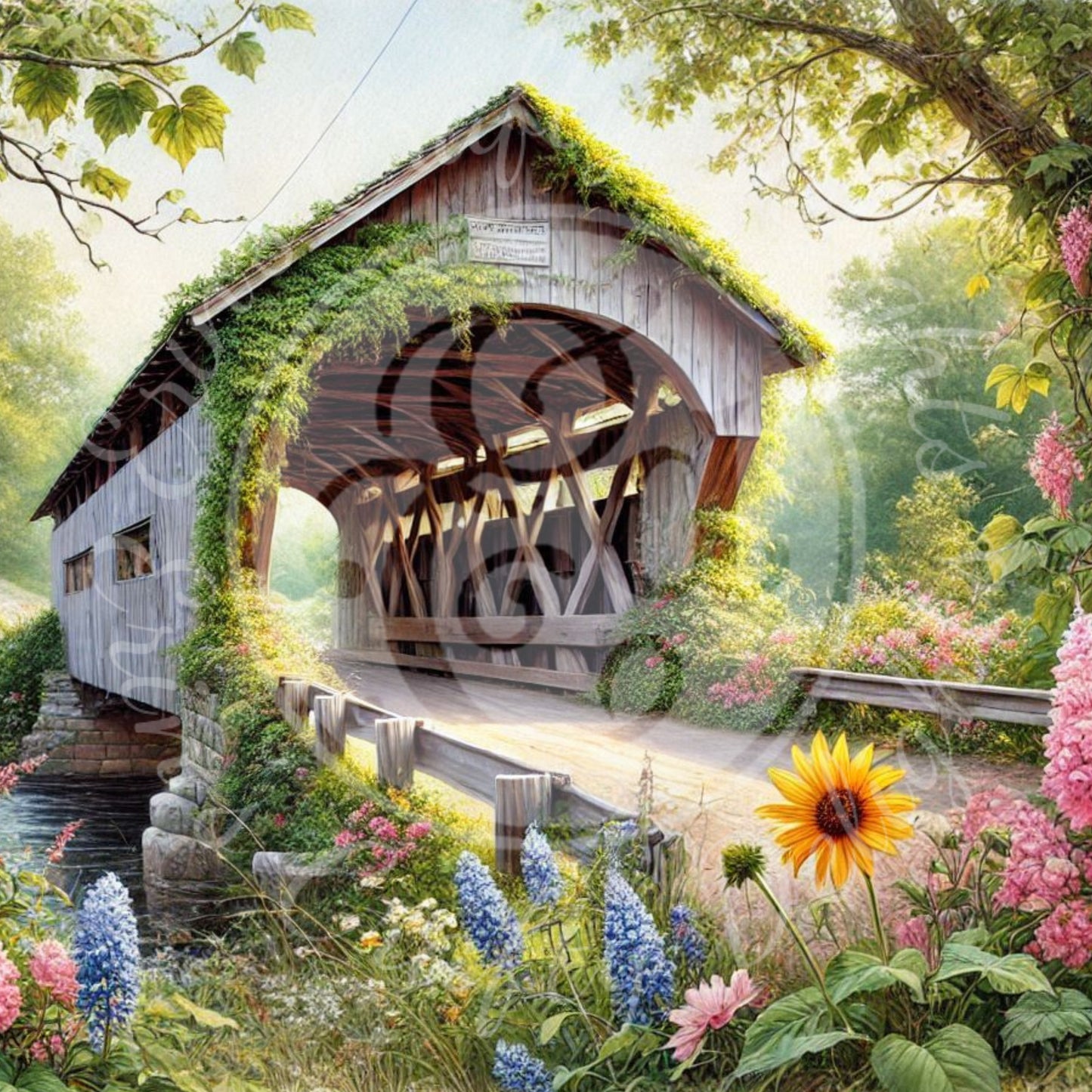 5 Sq Spring Covered Bridge 8x8" Printable
