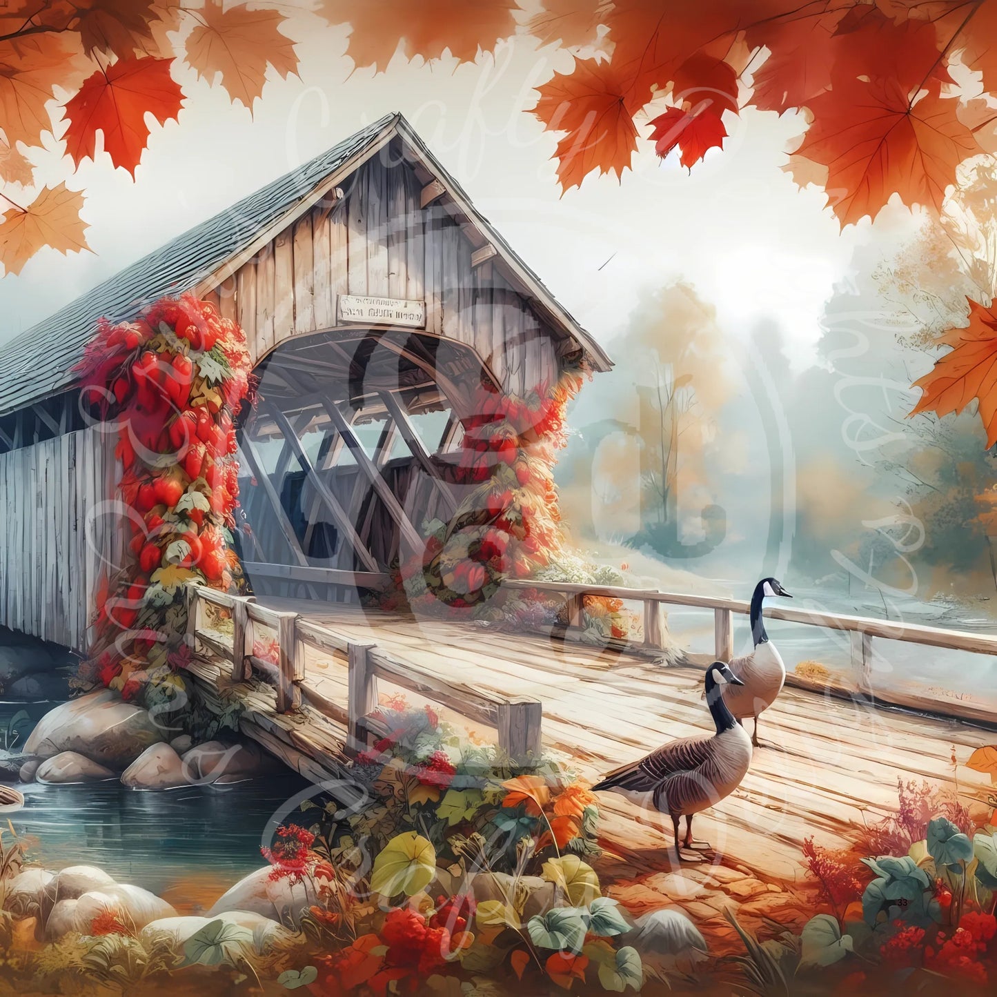 5 Sq Autumn Covered Bridge 8x8 Printable