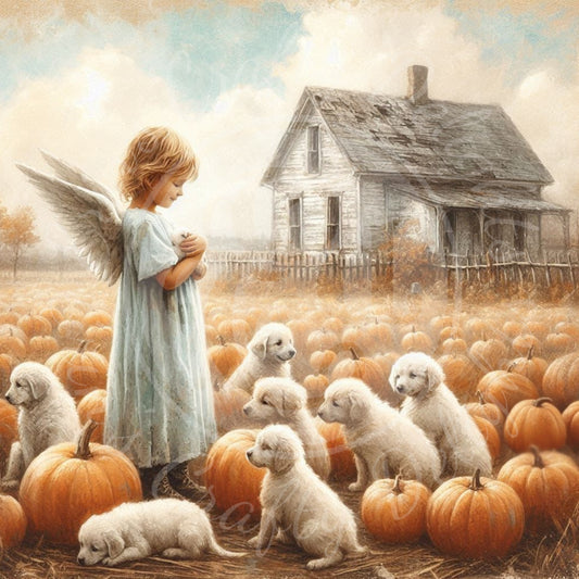 5 Sq Fall Angel Boy Pumpkin Patch 8x8" Printable