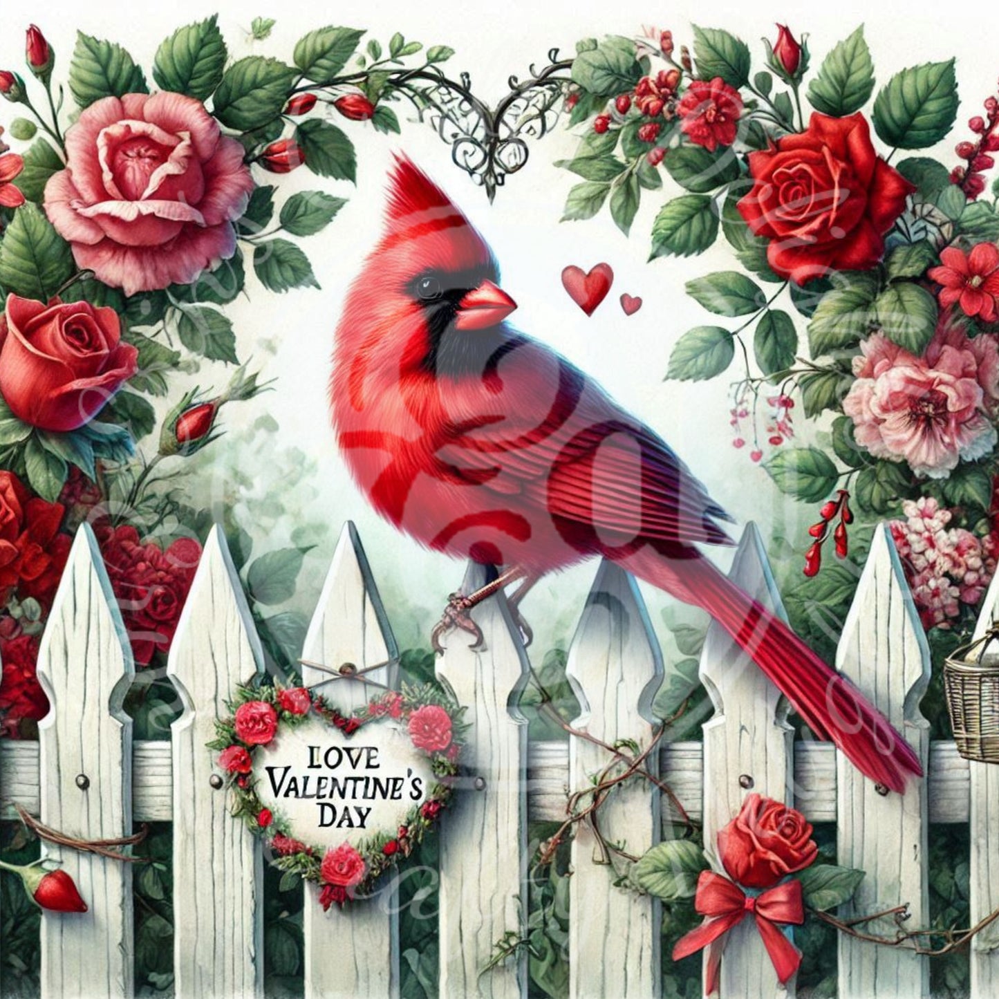 5 Valentine Cardinals on a Fence