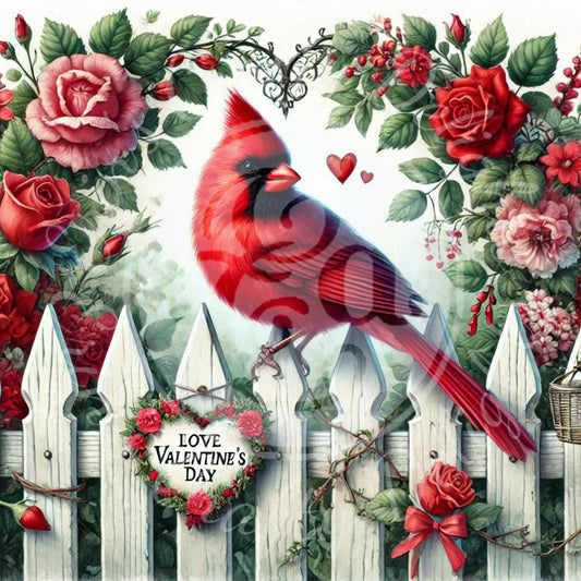 5 Valentine Cardinals on a Fence