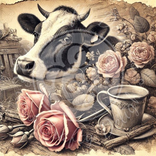 6 Sq Holstein & Roses 8x8" Printable