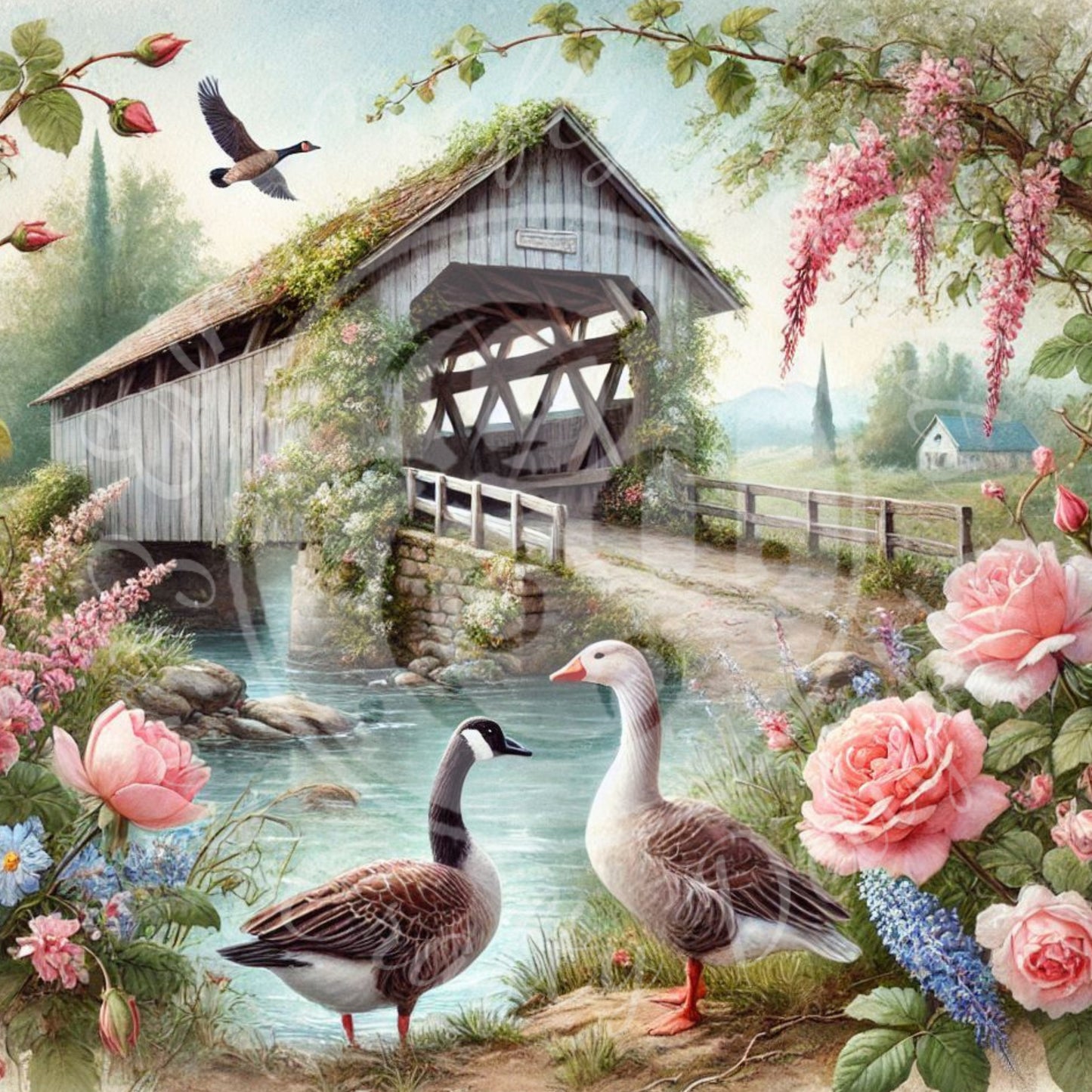 6 Sq Spring Covered Bridge 8x8" Printable