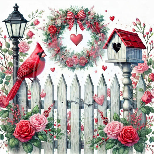 6 Valentine Cardinals on a Fence