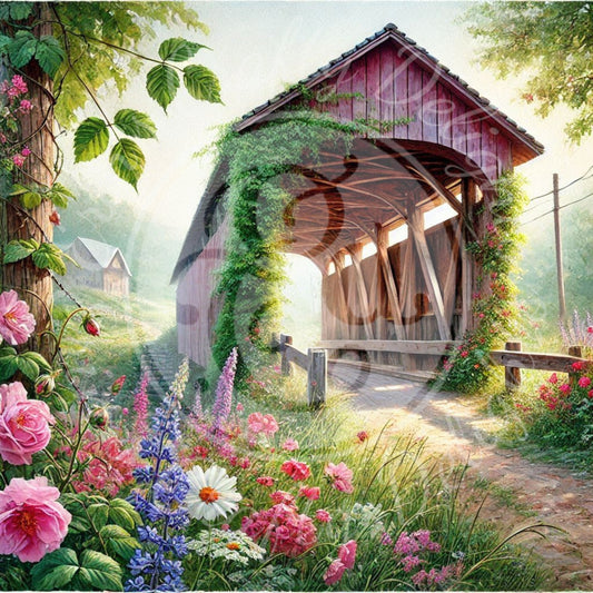 9 Sq Spring Covered Bridge 8x8" Printable