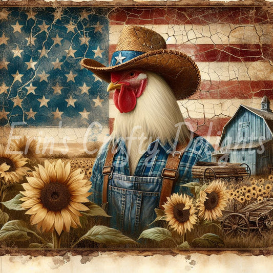 American Farmer Rooster with Blue Barn