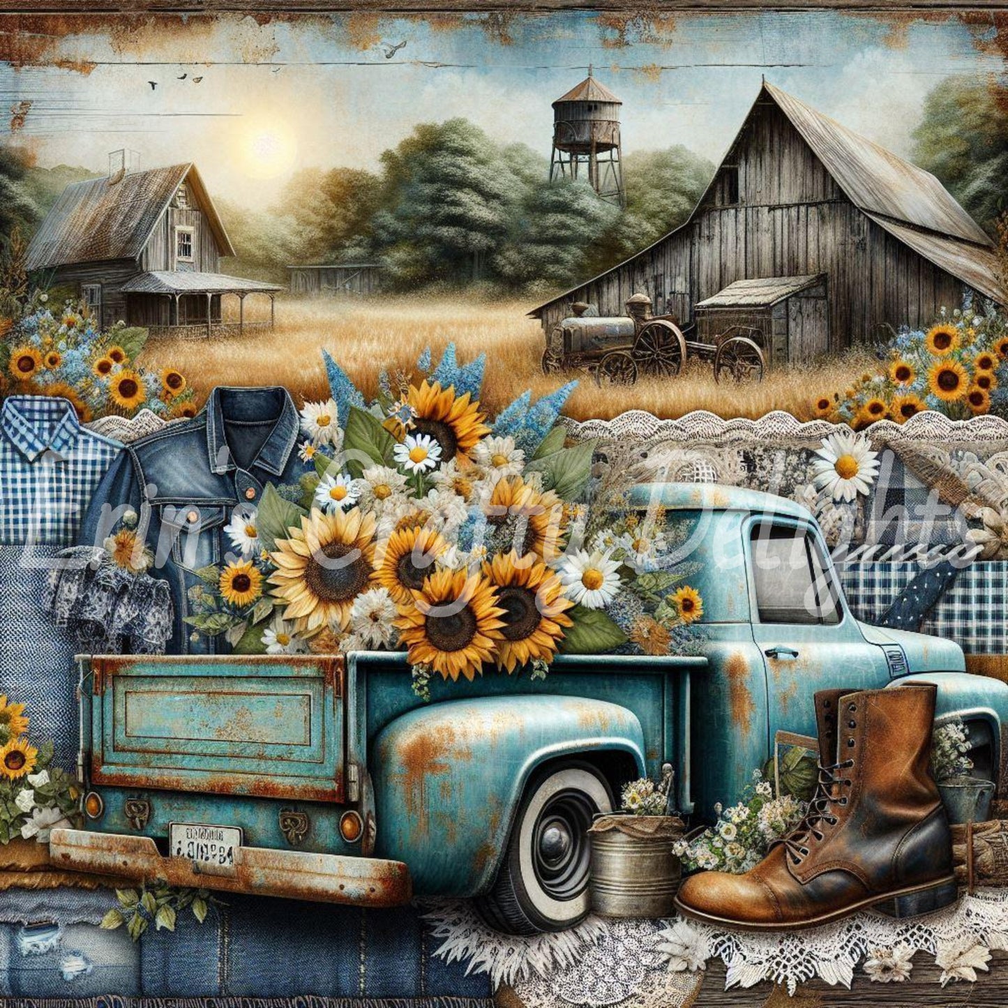 Blue Gingham Trucks Set 2