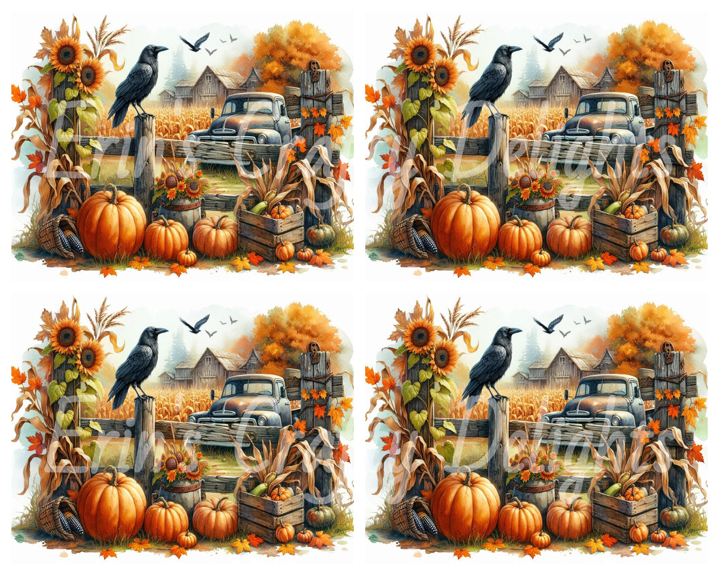 3 MS Crow, Pumpkins & Truck Mix Size Downloadable Printable Set