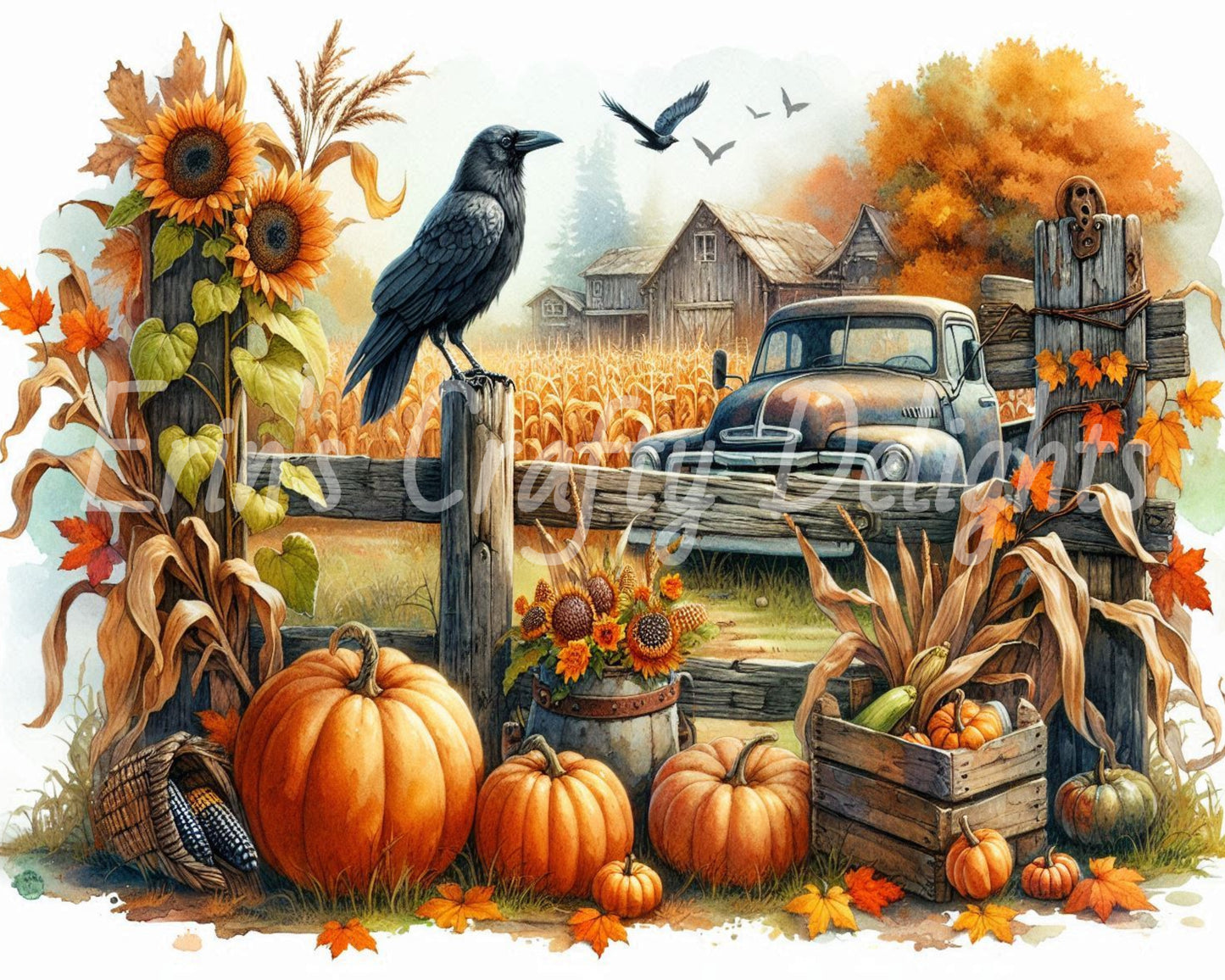 3 MS Crow, Pumpkins & Truck Mix Size Downloadable Printable Set