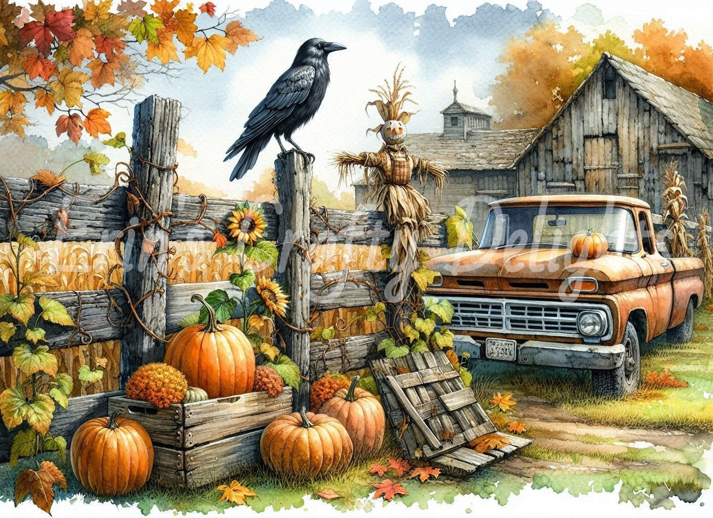 4 MS Crow, Pumpkins & Truck Mix Size Downloadable Printable Set