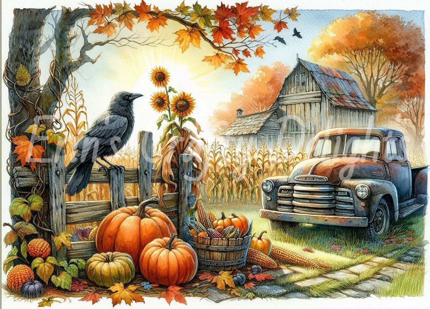 5 MS Crow, Pumpkins & Truck Mix Size Downloadable Printable Set
